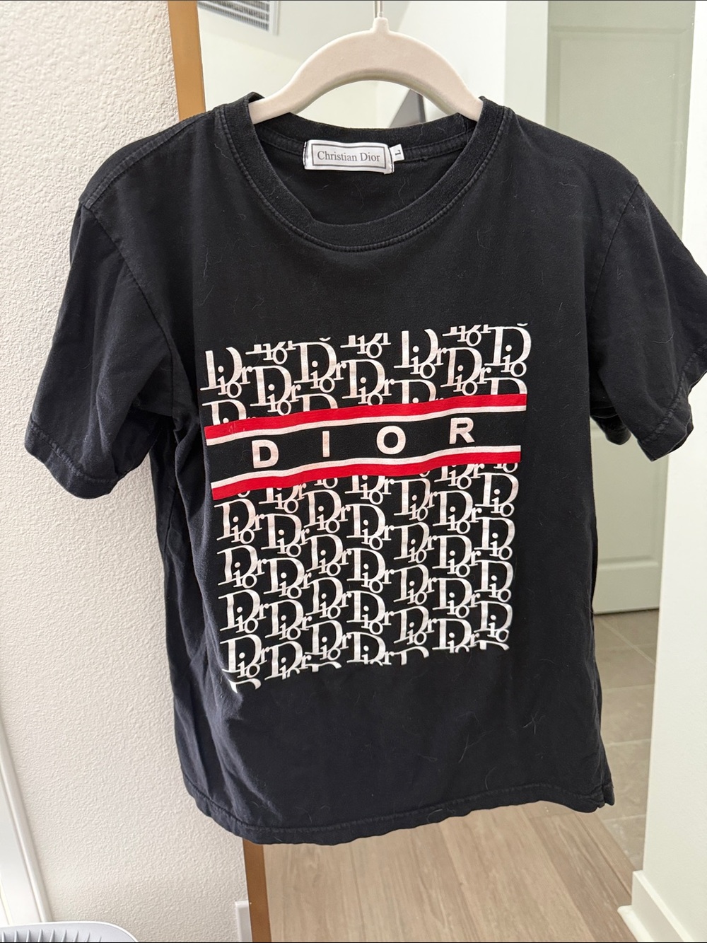 Dior Kids Black Logo Tee with White Monogram and Red Stripe